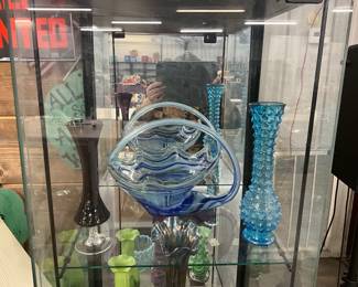 Blue Swirl Art Glass Basket/Bowl - Hobnail Art Glass Vase