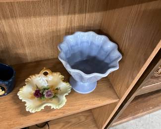 Lefton Hant Painted Candy Dish - Blue Drip Glaze Vase