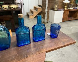 Blue Wheaton Paul Revere Syrup Bottles & Shirley Temple Cobalt Blue Mini Pitcher