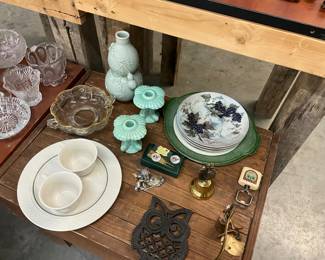 Cast Iron Owl Trivet - Pottery Candlestick Holders - Pewter Clock - Bottle Opener - Brass Bell