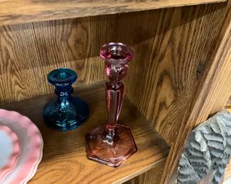 Indiana Carnival Glass Blue Iridescent Candle Holder - Fenton Art Glass Dusty Rose Candle Holder 