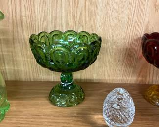 L.E. Smith Green Glass "Moon & Star Compote