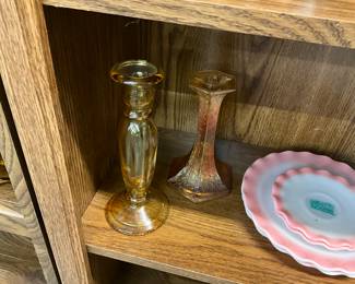 Anchor Hocking Amber Glass & Marigold Carnival Glass Candle Stick Holders