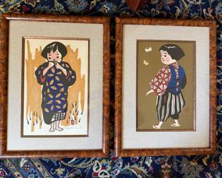 Wood block prints Children of Aizu by Kiyashi Saito 1938-1940 professionally framed