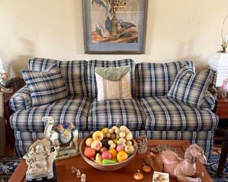 George Zee solid rosewood coffee table, Drexel sofa soap stone Buddha, pottery camels, stone fruit