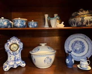 Delft clock, Wedgwood, flow blue, depression glass