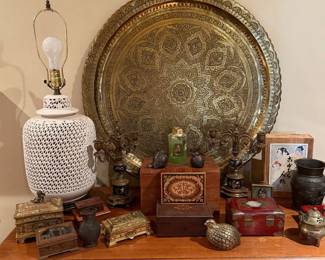 Collection of small boxes, blanc de chine lamp, large brass tray