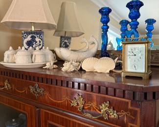 Canton style lamp, damsel gravy boats, museum of modern art candlestick holders, carriage clock
