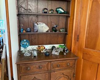 French country cabinet, paperweights, Murano glass