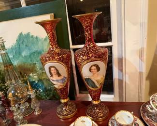 Pair of Moser Cranberry portrait vases