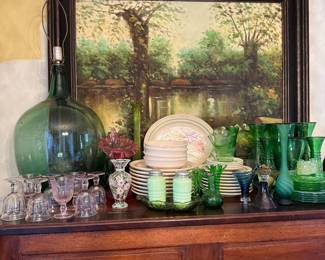 French cabinet, depression glass, large Demi John lamp, green glass, original art, cranberry glass