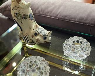 Crystal candle holders, cat figurine