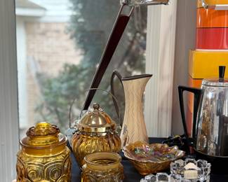 Mid century desk lamp, amber glass, crystal candle holders
