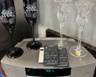 Bose 4 disk cd player, champagne flutes 