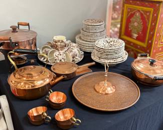 Copperware, tea pot, serving dishes