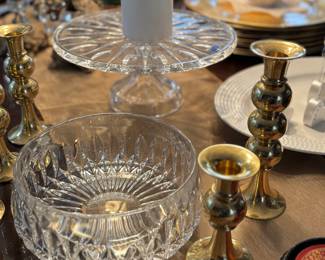 Crystal bowl, brass candle sticks
