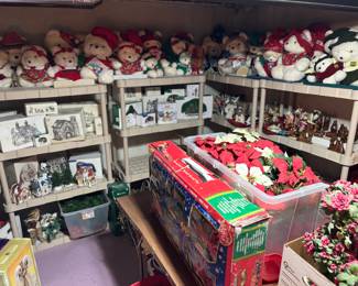 Vintage Christmas bears, ornaments, village
