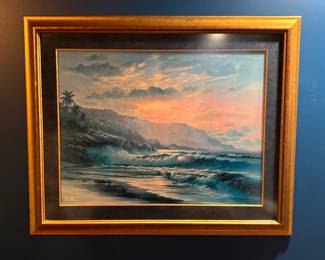 Beautiful signed framed cliff / ocean scene art 