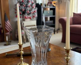 Crystal vase, brass candle sticks