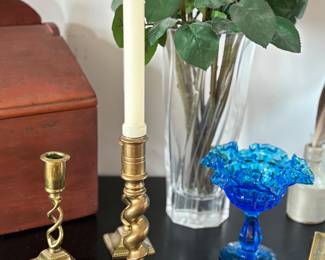 Brass candlesticks, ruffle glass dish