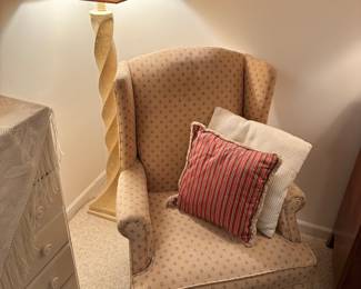 Wing back arm chair, floor lamp, accent pillows