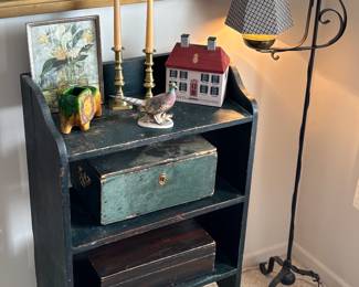 Vintage accent shelf, floor lamp, brass candle sticks, figurines, vintage boxes, step stool
