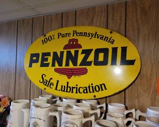 Double Sided vintage porcelain Pennzoil Sign: 100% Pure Pennsylvania Safe Lubrication