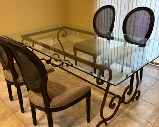 IRON AND GLASS TABLE W/4 RESTORATION HARDWARE CHAIRS