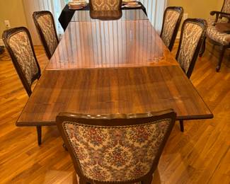 ITALIAN BURLED WALNUT DINING TABLE W/ HIDDEN LEAVES & 10 DINING CHAIRS(2 W/ARMS)SHOWN W/LEAVES