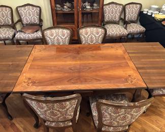 ITALIAN BURLED WALNUT DINING TABLE W/ HIDDEN LEAVES & 10 DINING CHAIRS(2 W/ARMS) SHOWN W/LEAVES