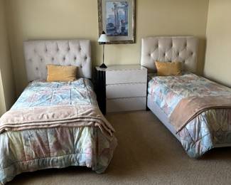 PAIR OF TWIN ULTRASUEDE NEUTRAL TWIN BEDS W/SEALY MATTRESS AND BOXES