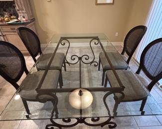 IRON AND GLASS TABLE W/4 RESTORATION HARDWARE CHAIRS