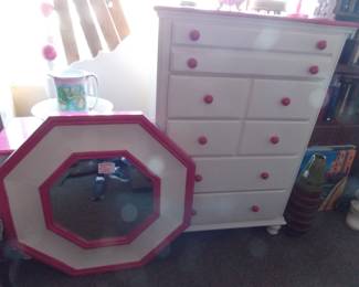 Pink and white bedroom set, Dresser, mirror, Night stand and Queen bed Frame