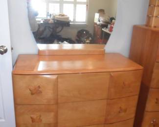 Heywood Wakefield Dresser with mirror, Tall boy and bed frame