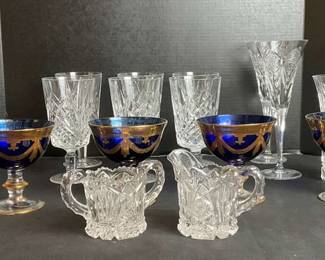 Mixed Lot Of Crystal Cristilare Italiane Cobalt w24kt Gold Design Footed Bowls Cut Glass Stemware