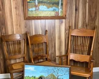 Vintage Wooden Chairs and Framed Artwork Lot