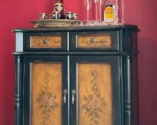 Painted Cabinet, Mirror, 5 Oil Candle Holders, And Appertife Set On Tray