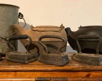 Antique Cast Iron Tea Kettles Sad Irons Lot
