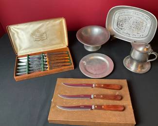 Sterling Bowl, Vintage knife set, and pewter collection