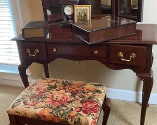 Elegant Vanity Table with Hinged Mirror and Upholstered Stool