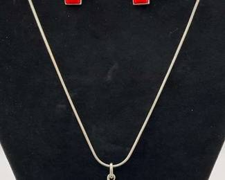 Sterling Silver Necklace and Earring Set with Red Stones