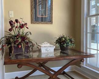 Glass Cocktail Table, One Artwork, Two Floral Arrangements, Ceramic Box With Lid