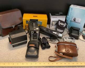 Vintage and Modern Camera Collection with Binoculars