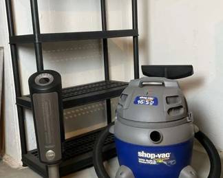 Lot With Shop Vac Contractor, Lasco Ceramic Air Heater Tower, And Plastic 4Shelf Unit