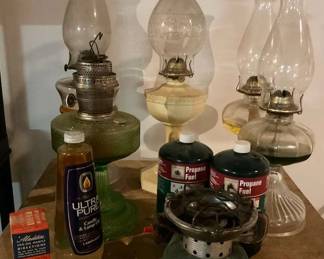 Vintage Oil Lamps, Coleman Stove Fuel Lot