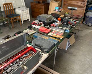 Two banquet tables filled with tools! Hand and electric! 