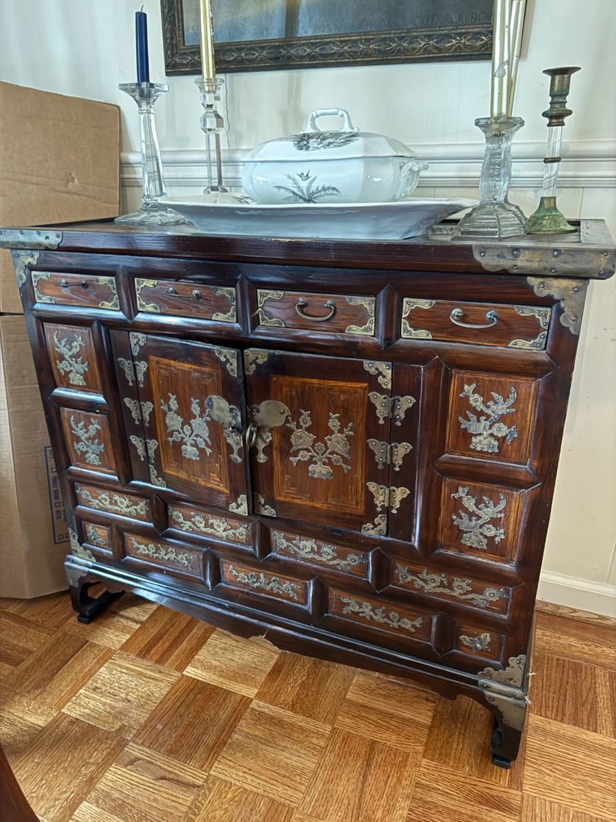 Antique Korean Tansu Butterfly Cabinet Chest Elm Wood with Brass Inlay