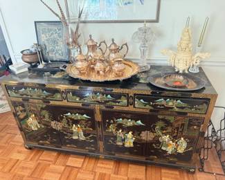 Chinese Black Lacquered and Hand Painted Demi Lune Cabinet