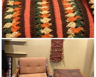Vintage Solid Wood Chair And End Table Matching Tapestry 