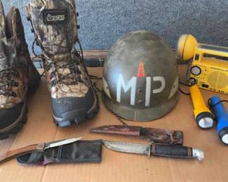 Rocky GoreTex Boots, MP Military Helmet, Western Knife,Interpur Knife